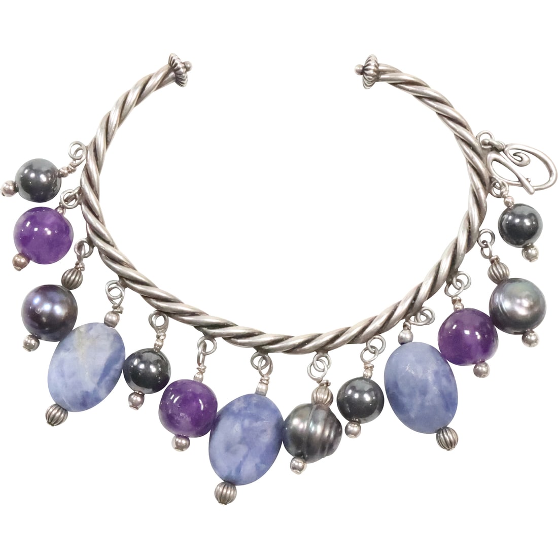 Sterling Silver Braided Cuff Bracelet with Amethyst and Pearl Beads 2 7/8 in. x 2 in. (1 of 15)