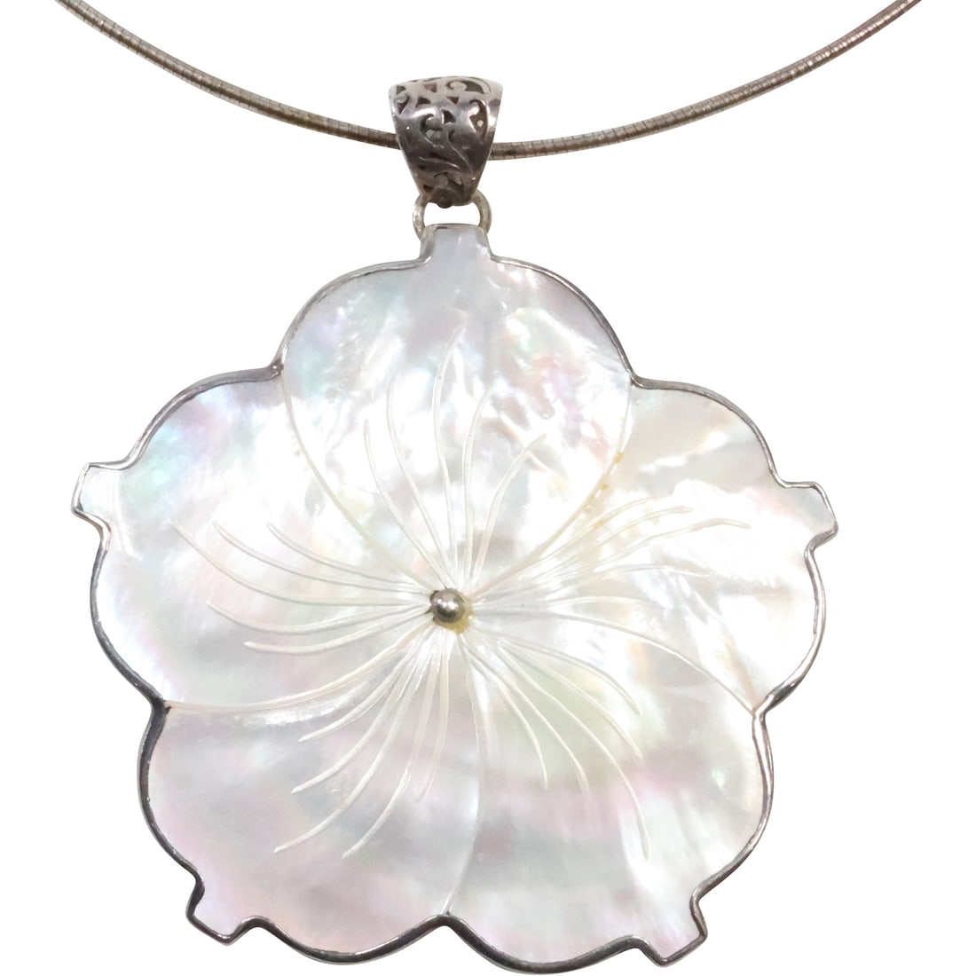 .925 Italy Sterling Silver Snake Chain with ATI .925 Sterling Mother of Pearl Flower Pendant (1 of 15)