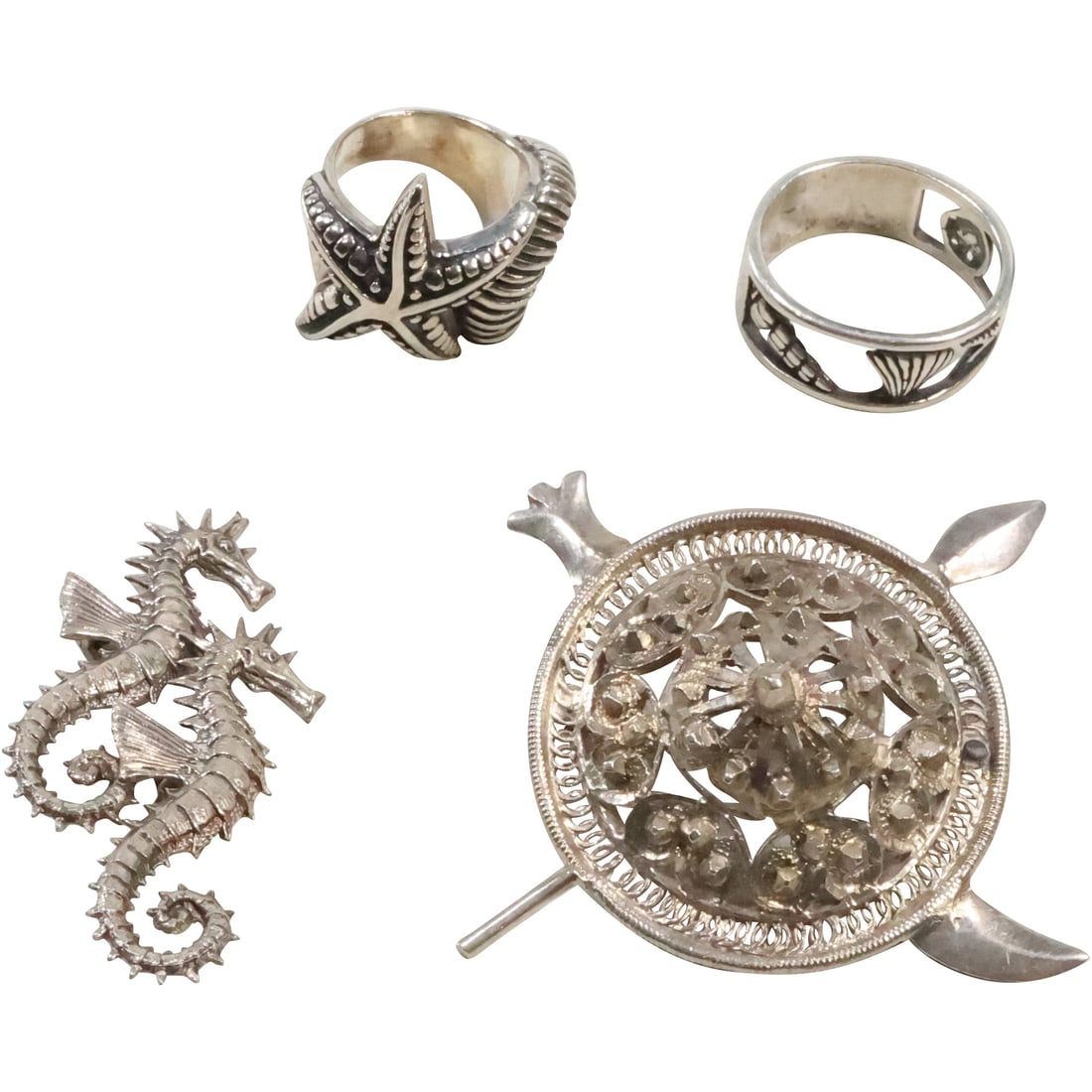 [4] Assorted Sterling Silver Sea Horse Pin, Sterling Turtle Pin, WJ Seashell Ring, Starfish Ring (1 of 19)