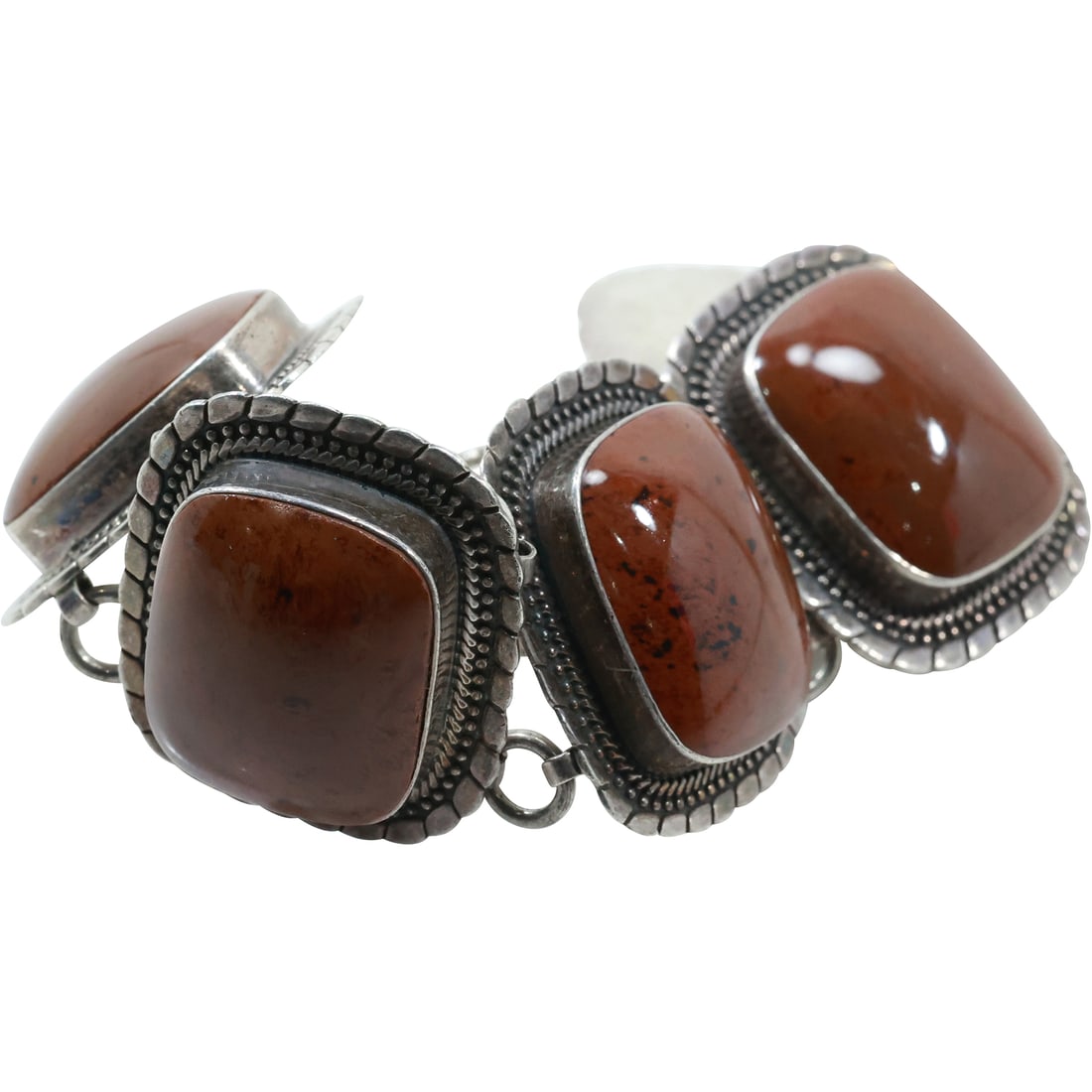 Sterling Silver with Mahogany Obsidian 5-Panels Wide Bracelet 8 1/4 in. x 1 3/8 in. marked AT1 925: Sterling Silver with Mahogany Obsidian 5-Panels Wide Bracelet 8 1/4 in. x 1 3/8 in. marked AT1 925.