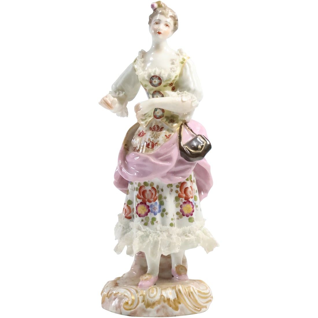 19th C. MEISSEN Elegant Fashion Woman Fine Porcelain Statue8.5 in. height: 19th C. MEISSEN Elegant Fashion Woman Fine Porcelain Statue8.5 in. height. Note: finger damage See Pictures. size: 8.5 x 3 x 3