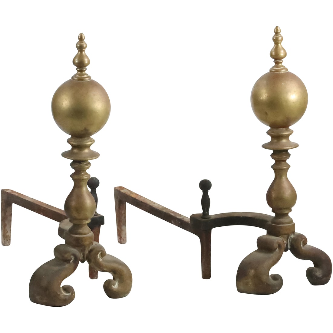 19th C. French Brass Andirons 22 inches height x 24 inches length, Original Patina: 19th C. French Brass Andirons 22 inches height x 24 inches length, Original Patina. size: 22 x 24 x 11