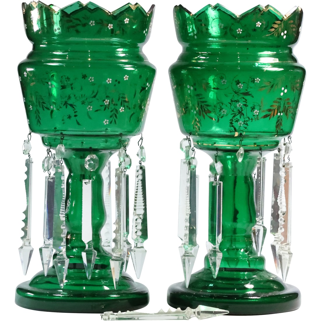 Pair 19th C. Victorian Bohemian Emerald Green Glass Lustres with Crystal Glass Prisms 14.75 in. (1 of 18)
