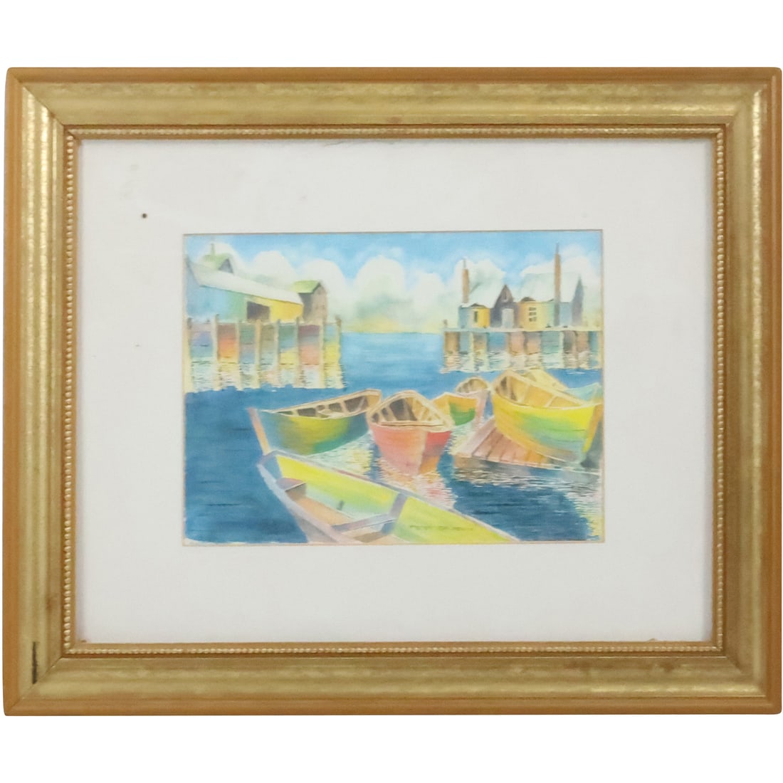 Peter Saladino, Florida Artist, Watercolor Painting Boats Docked at The Wharfs, Signed, Framed: Peter Saladino, Florida Artist, Watercolor Painting Boats Docked at The Wharfs, Signed, Framed. size: 6.5 x 9 matte, 13.5 x 16.5 outside frame