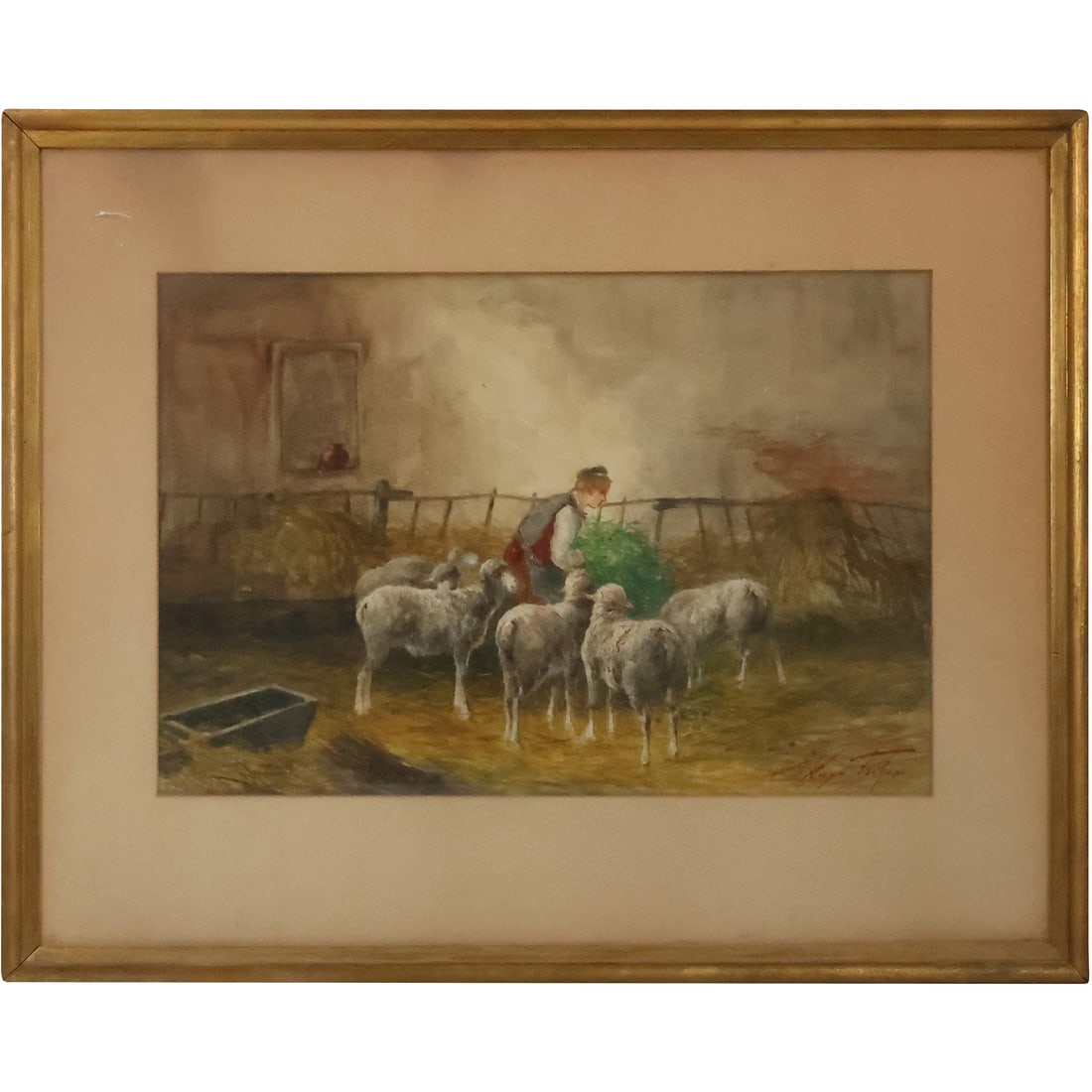 Hugo Anton (Antoine) Fisher, 1854-1916, Watercolor Painting Sheep in Stable with Figure (1 of 16)