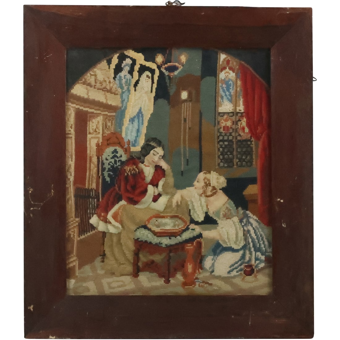 Victorian 19th C. Petti Point Scenic Tapestry Women in Church Interior, Framed (1 of 15)