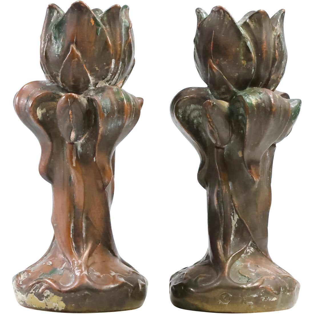 Pair Circa 1920s Arts and Crafts Bronze Clad Flower Form Candlesticks 8.5 inches height (1 of 15)