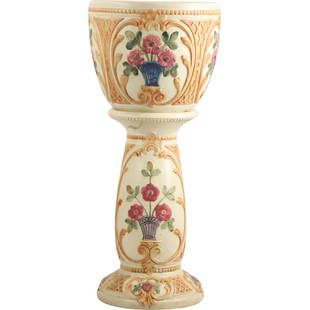 Weller Roma Flemish Teens-1920s Art Pottery Red Floral Ivory Jardiniere and Pedestal: Weller Roma Flemish Teens-1920s Art Pottery Red Floral Ivory Jardiniere and Pedestal size: pedestal (18.75 n. x 10.5 in. x 10.5 in.), pot (10.5 in. x 13 in. x 13 in.)