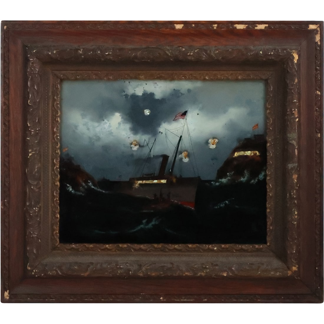 Circa 1910 Reverse Painting on Glass American Battleship on Seas, Framed, Mixed Media with MOP: Circa 1910 Reverse Painting on Glass American Battleship on Seas, Framed, Mixed Media with MOP [Mother of Pearl]. size: 16 in. x 20 in., 26.5 in. x 30 in. outside frame