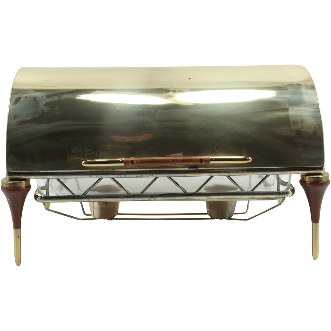 Mid-Century Modern Brass Dome Warming Food Tray with Glass Insert, Stylish Wood & Brass Legs (1 of 20)