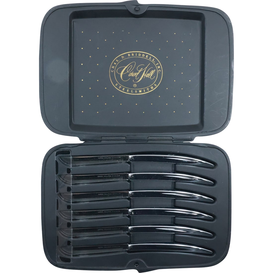Chas. D. Brindell Steelsmiths 6 Knives Cutlery Set in Fitted Case: Chas. D. Brindell Steelsmiths 6 Knives Cutlery Set in Fitted Case. size: 8.75 in. x 1.5 in. (6x knives), 1.25 in. x 11 in. x 7.75 in. (box)