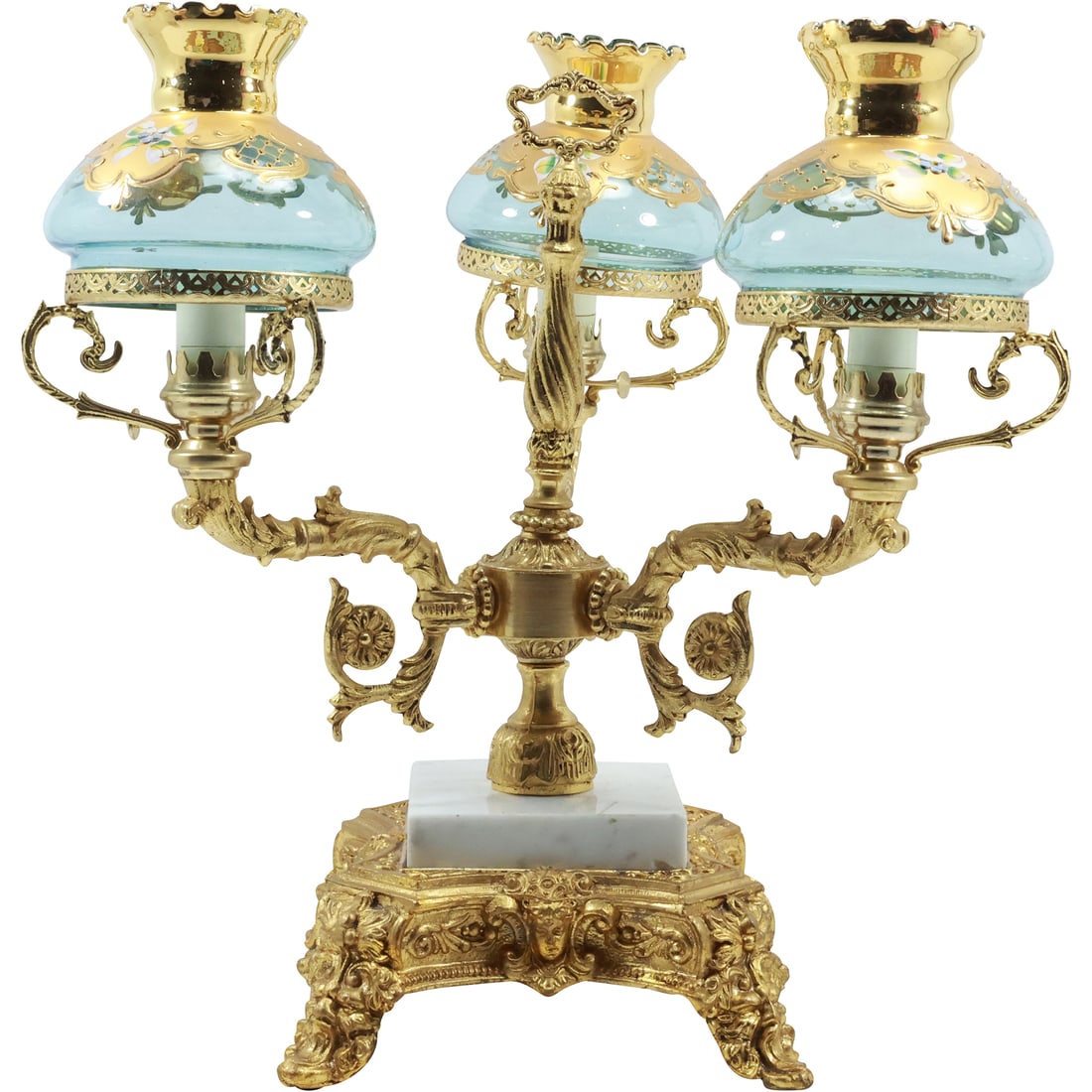 Fancy Gold Gilt Metal Italian Renaissance 3 Light Electric Candelabrum with 3 Glass Shades (1 of 20)