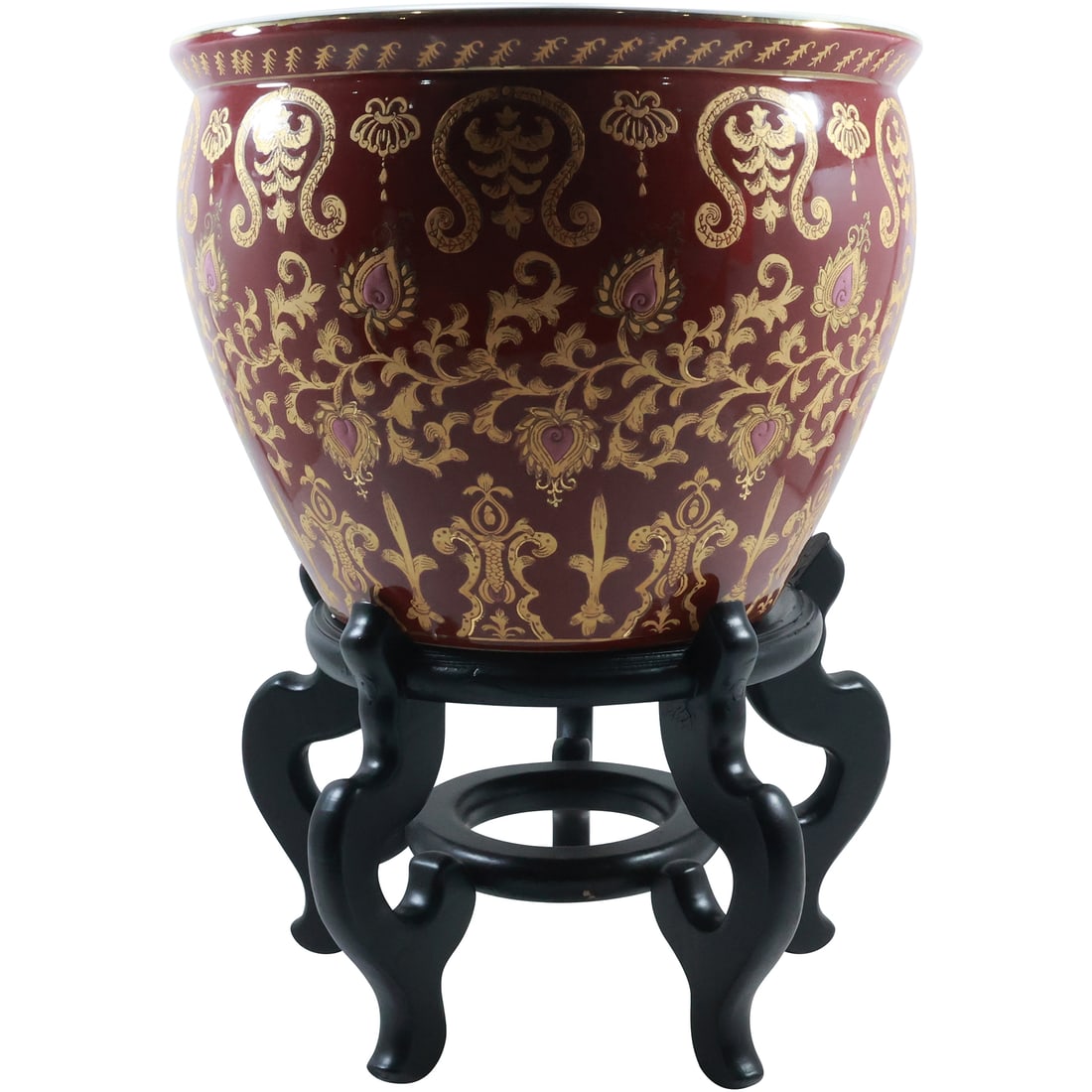 Chinese Porcelain Fish Bowl on Teak Wood Stand: Chinese Porcelain Fish Bowl on Teak Wood Stand. size: 9.5 in. x 14.5 in. (stand), 11.25 in. x 14.5 in. (pot)
