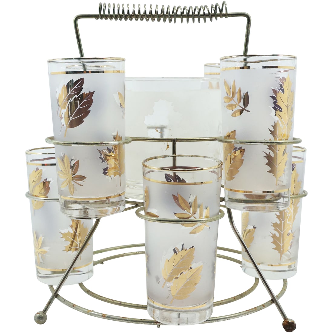 LIBBEY Gold Leaf  Design Glass Barware Set in Metal Caddy 7 Glasses and Ice Bucket (1 of 20)
