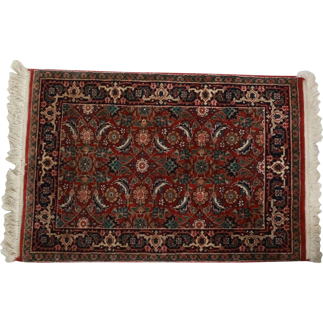 Hand Knotted Wool Scatter Rug Red Field with a Busy Pattern 40.5 inches x 23.75 inches (1 of 20)