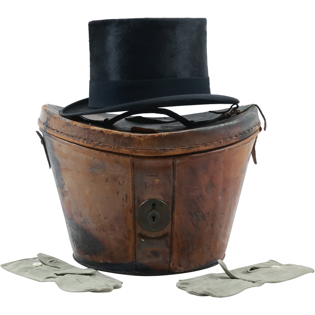 Antique Black Top Hat in Original Leather Case, Leather Gloves included (1 of 20)