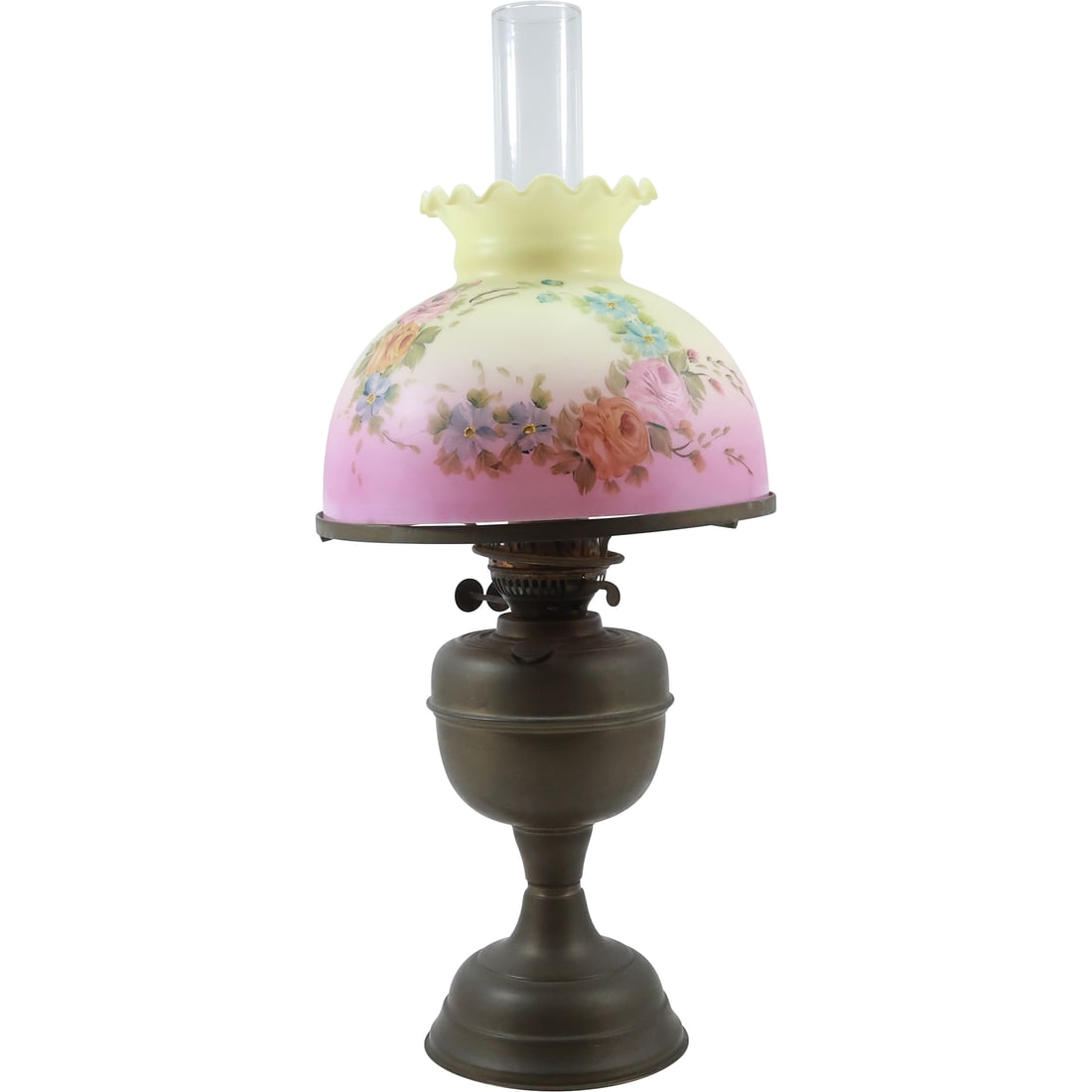 Brass Oil Lamp with Colored Glass Hand Painted Flowers Hurricane Shade 22.5 in. height: Brass Oil Lamp with Colored Glass Hand Painted Flowers Hurricane Shade 22.5 in. height. size: 22.5 in. x 9.5 in.