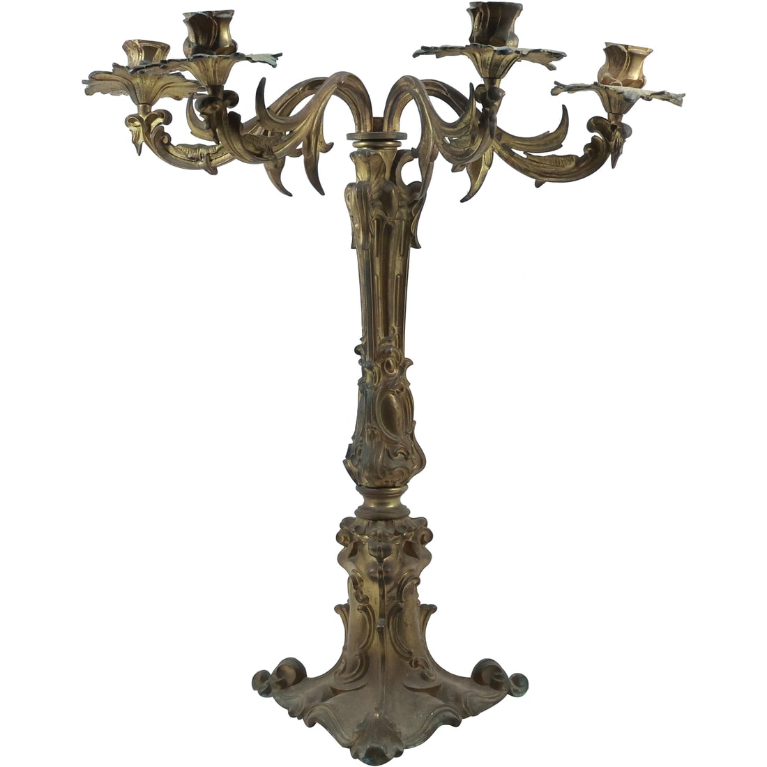 19th C. French Bronze 4-Arm Candelabrum in Original patina 21.5 inches height x 19.5 in. diameter: 19th C. French Bronze 4-Arm Candelabrum in Original patina 21.5 inches height x 19.5 in. diameter size: 21.5x19.5