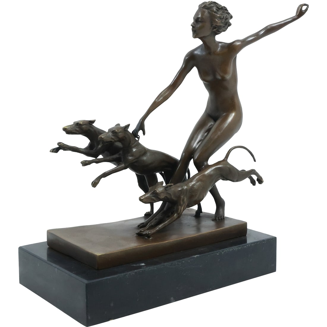Art Deco Bronze Sculpture Nude Woman with Whippet Dogs inscribed Lorenzl [after]: Art Deco Bronze Sculpture Nude Woman with Whippet Dogs inscribed Lorenzl [after]. size: 9 in. x 9 in.. ASKart: Josef Lorenzl (1892 - 1950) was active/lived in Austria. Josef Lorenzl is known for Art-d