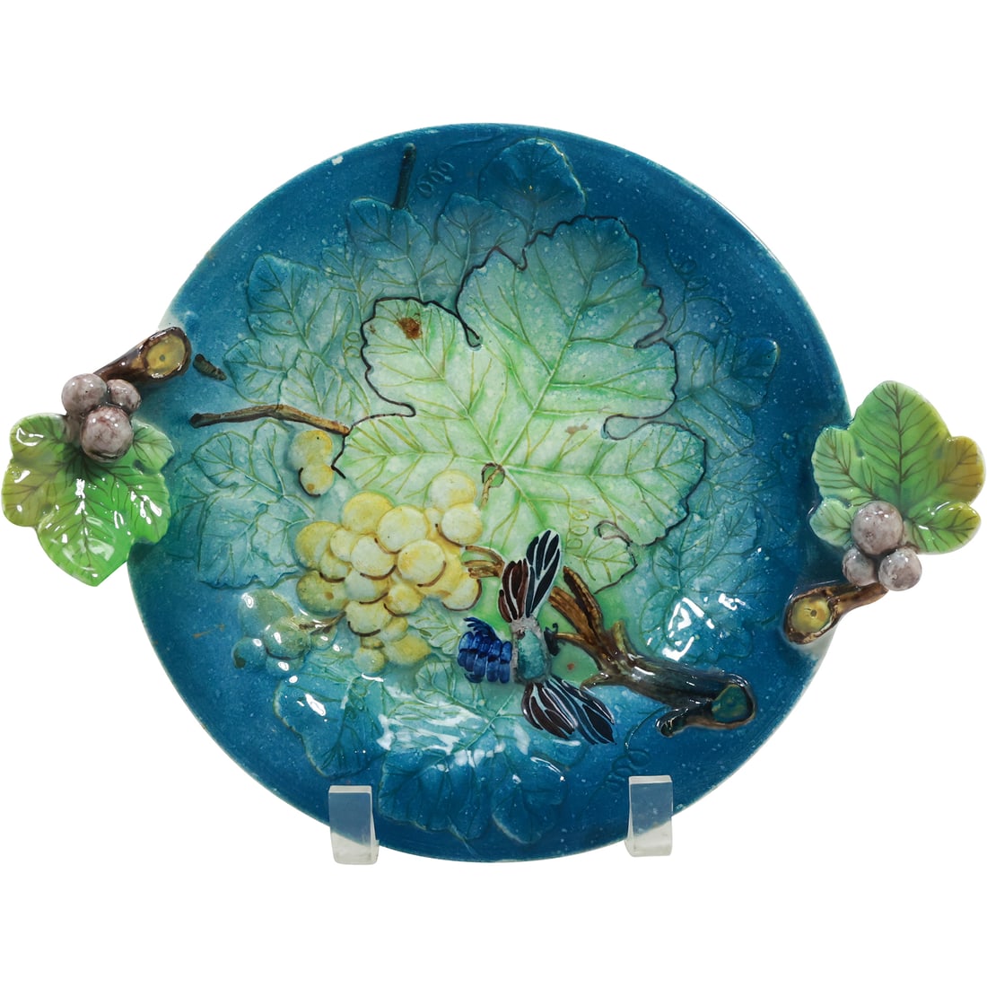 19th C. Majolica Pottery Serving Tray with Grapes and Leaves, Made in Spain 12 inches (1 of 16)