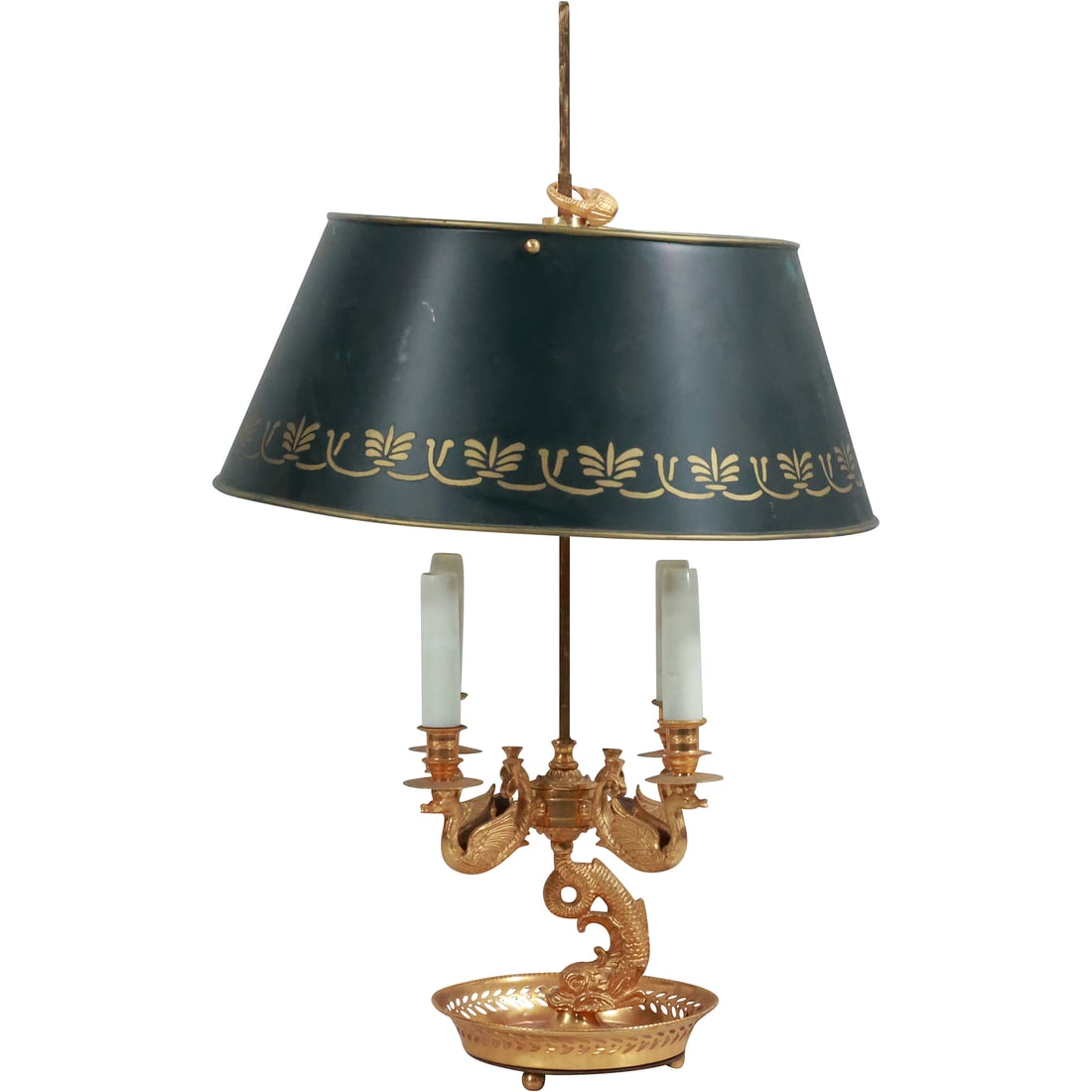 Faulous Antique French Empire Gold Dore Bronze BOUILLETTE LAMP Serpent, Swans, Tole Shade (1 of 20)