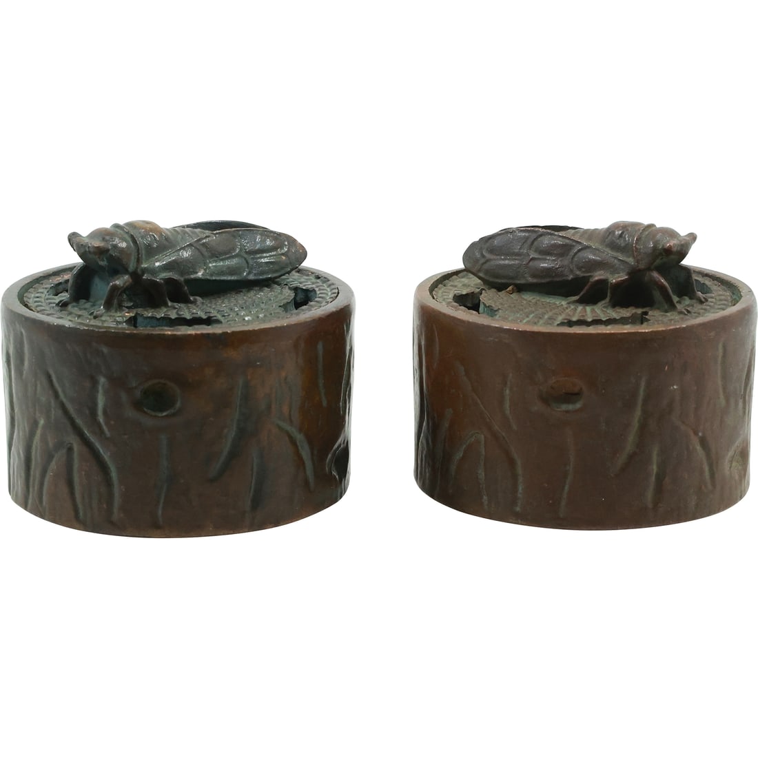 [2] Small Signed Chinese Bronze Jars with Insect Figure Top Covers 2.5 in. x 2 in. (1 of 16)