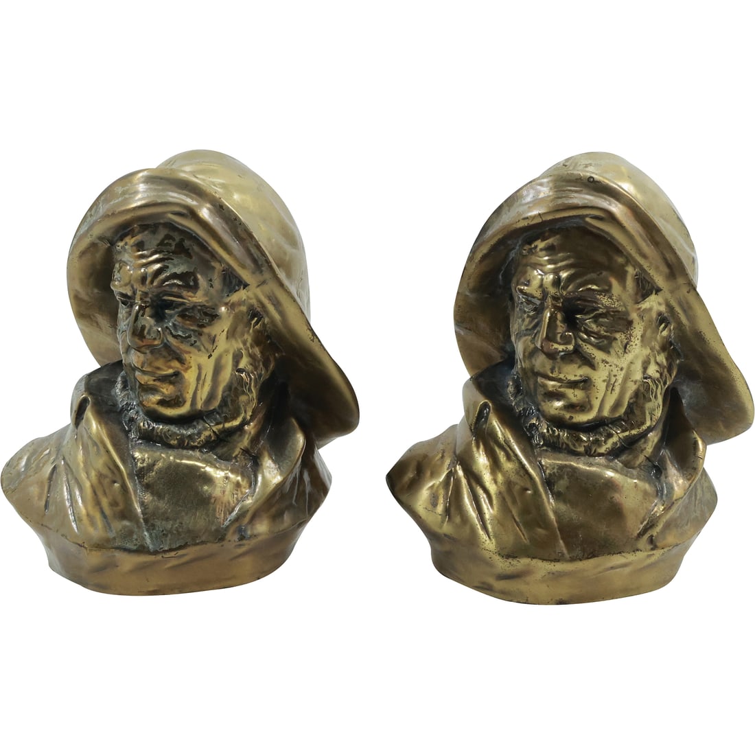 Vintage Cast Metal "Old Salty" Fisherman Figurative Bookends in Original Patina: Vintage Cast Metal "Old Salty" Fisherman Figurative Bookends in Original Patina. size: 5.75 in. x 5 in.