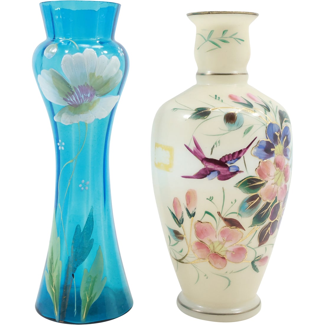 [2] 19th C. Victorian Vases Teal Blue Hand Painted Flower & Bristol Glass Hand Painted Bird, Flowers (1 of 18)