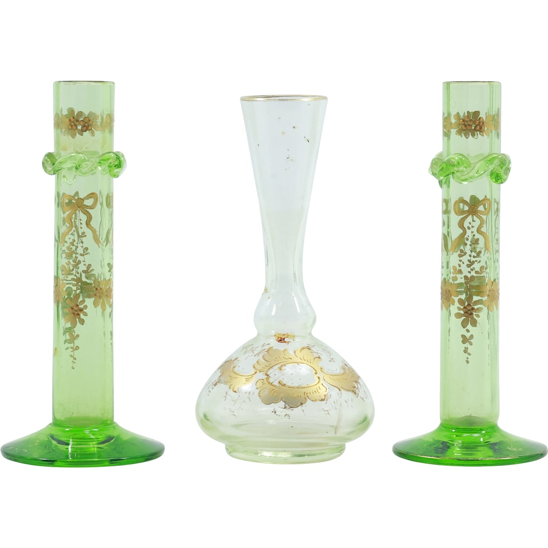 [3] 19th C. Victorian Pair Green Glass Candlesticks, Clear Vase all with Gold Decoration (1 of 12)
