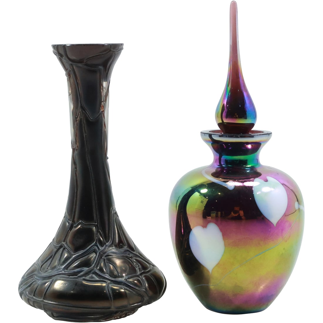 [2] Kralik Art Glass Bud Vase with Veins and Art Glass Iridescent Perfume Bottle (1 of 13)