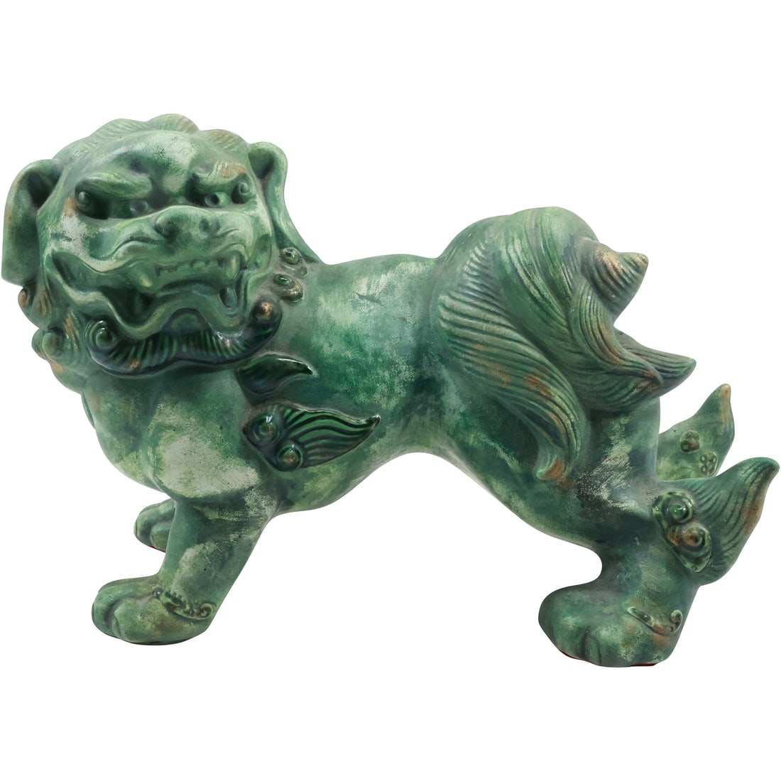 Majolica Green Pottery Buddhist Lion Figure Statue, Signed on Side 10 in. height x 12 in. length (1 of 16)
