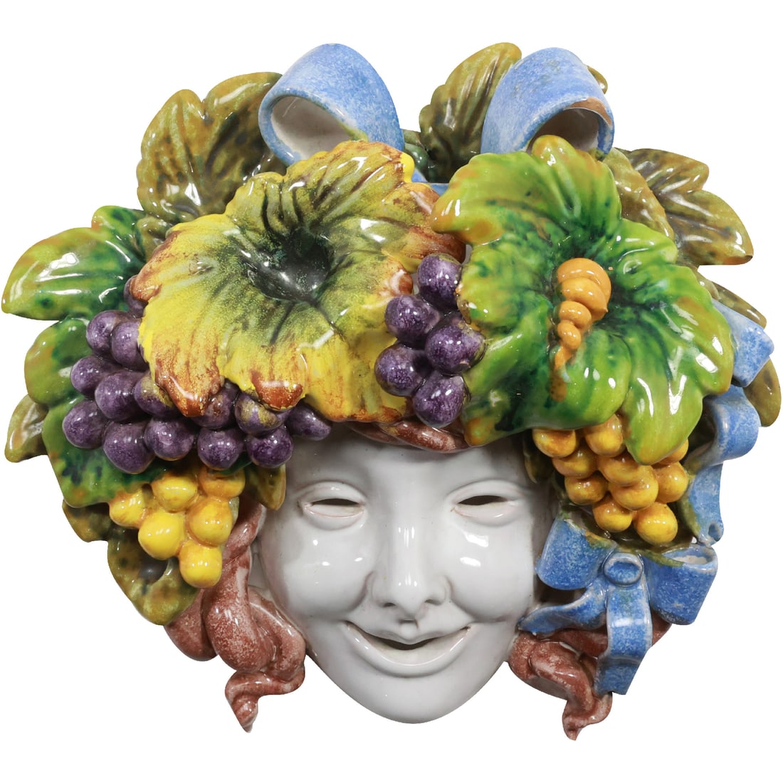 Majolica Pottery Wall Hanging Face Mask with Grapes 10 in. x 9 in. x 5.5 in. (1 of 20)