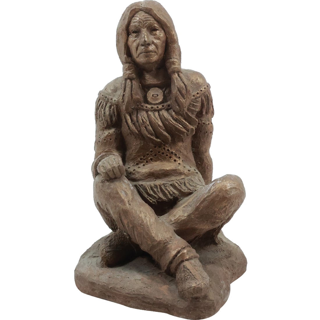 Signed Mike Makras 1976, Native American Indian Seated Figure Sculpture 9 in.. height x 5.5 in. wide (1 of 20)