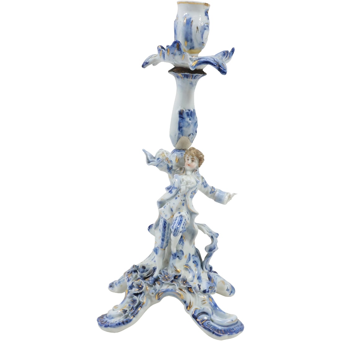 Antique German Meissen Style Porcelain Candelabra with Classical Figure, Blue & White, 10 in. height (1 of 20)
