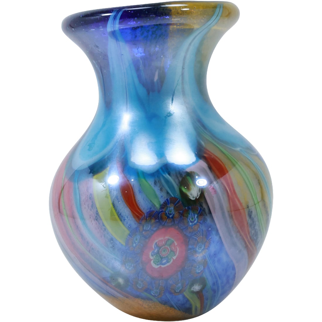 Signed Illegible Murano Blue Art Glass Vase with Rainbow Colors 9.5 in. height x 6.5 in. wide (1 of 20)