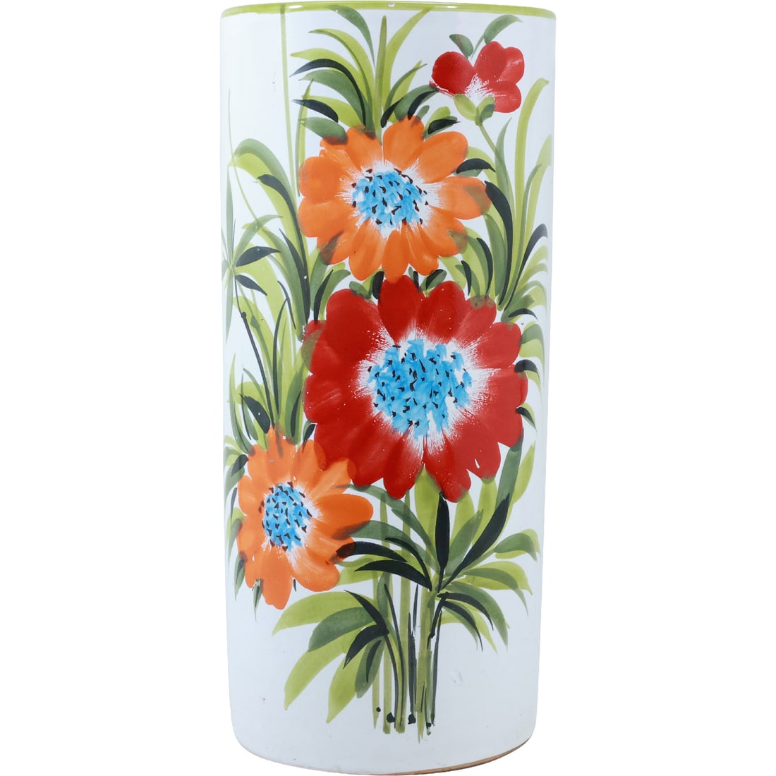 Italian Ceramic Umbrella Stand / Floor Vase with Hand Painted Flowers 15.7 in. height x 8 in. dia. (1 of 19)