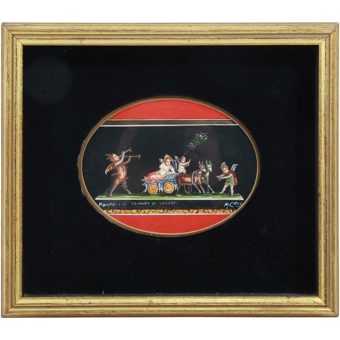 M Cirillo, Watercolor Painting Scene of a woman riding in cart being pulled by goats, 2 cherubs (1 of 15)