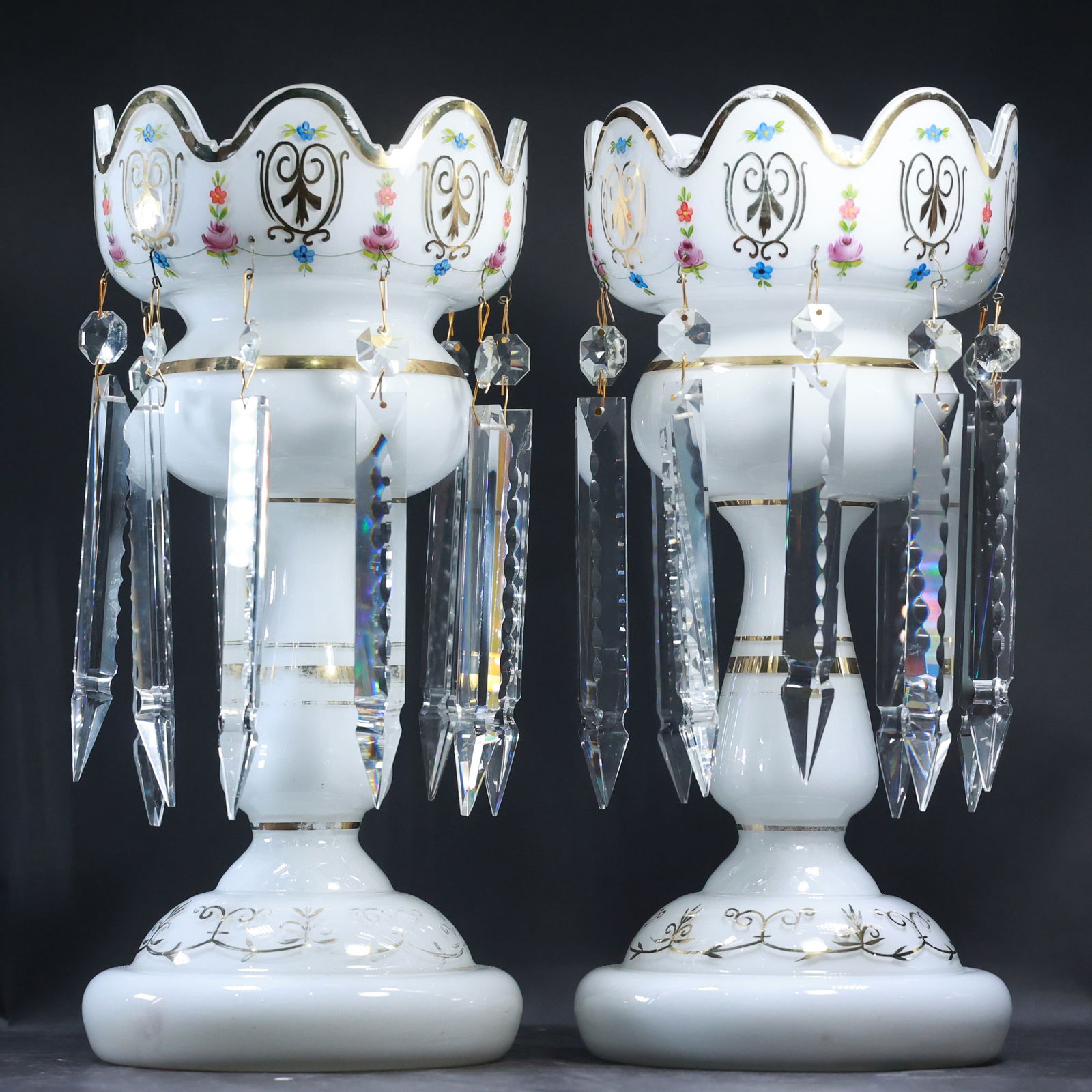Pair Bohemian White Glass Lustres Hand Painted Flowers and Crystal Glass Prisms 14.5 in. height (1 of 20)