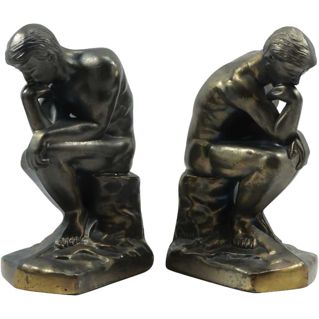 Vintage Cast Metal Seated Nude Men Bookends "The Thinker" Original Patina: Vintage Cast Metal Seated Nude Men Bookends "The Thinker" Original Patina. size: 7 in. x 3 in. x 4 in.