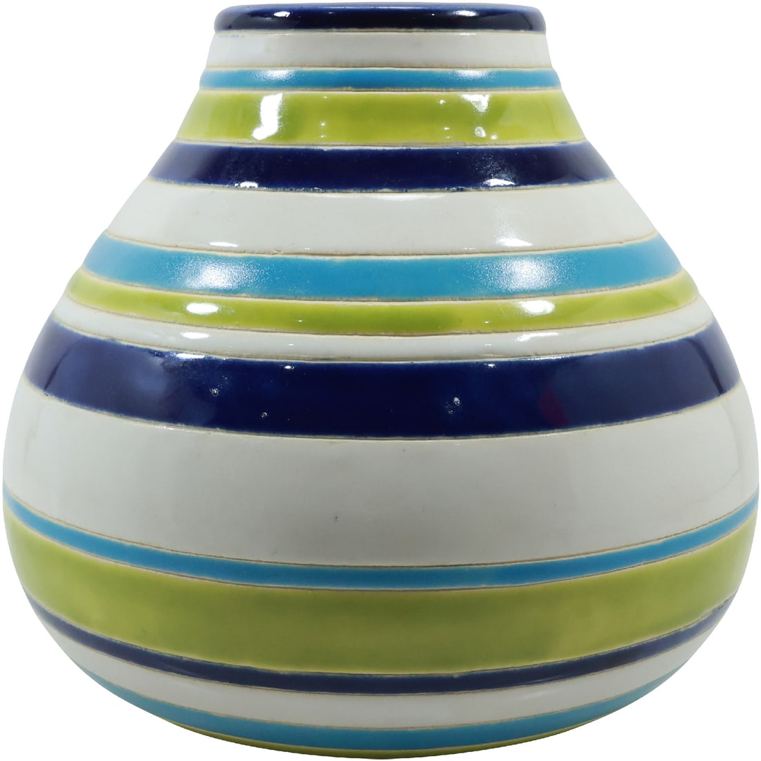 Mid-Century Modern Ceramic Vase with Blues, Green, White Rings 8 in. x 8 in. (1 of 18)
