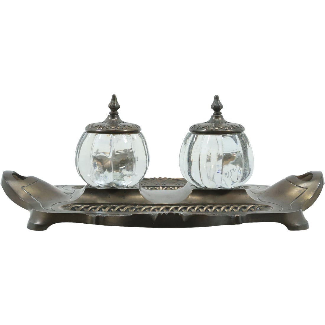 Bradley and Hubbard [B H] Victorian Bronze Desk Top Double Glass Inkwells 13 in. length (1 of 19)