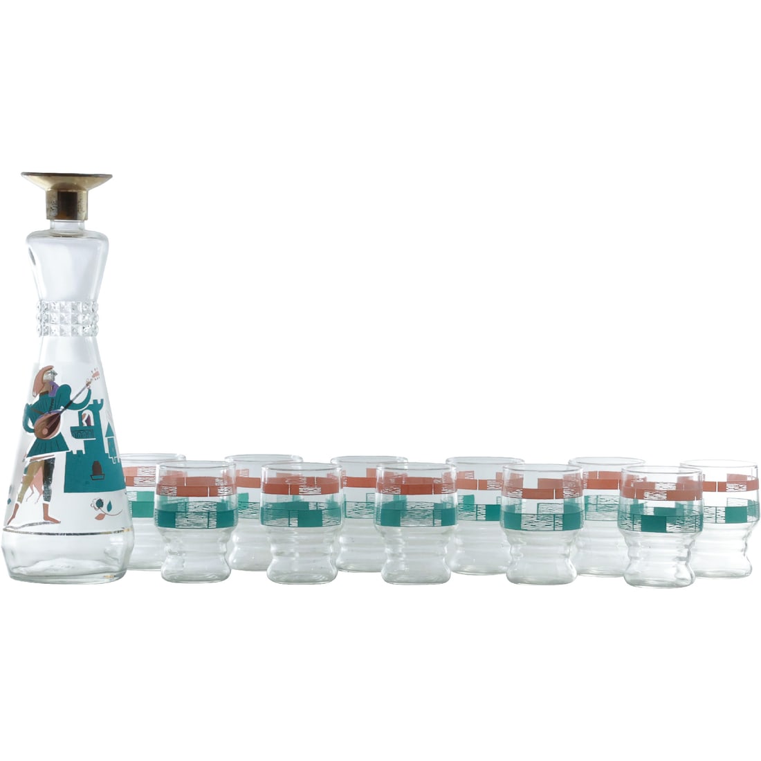 Elegant Glass Liquor Decanter with 11 Cocktail Glasses Mid-Century Modern, Vintage, MCM (1 of 20)