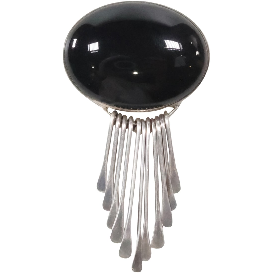 Sterling Silver Black Onyx Stone Pin / Pendant having 11 Sterling Fringes 3 in. x 1 3/4 in. (1 of 13)