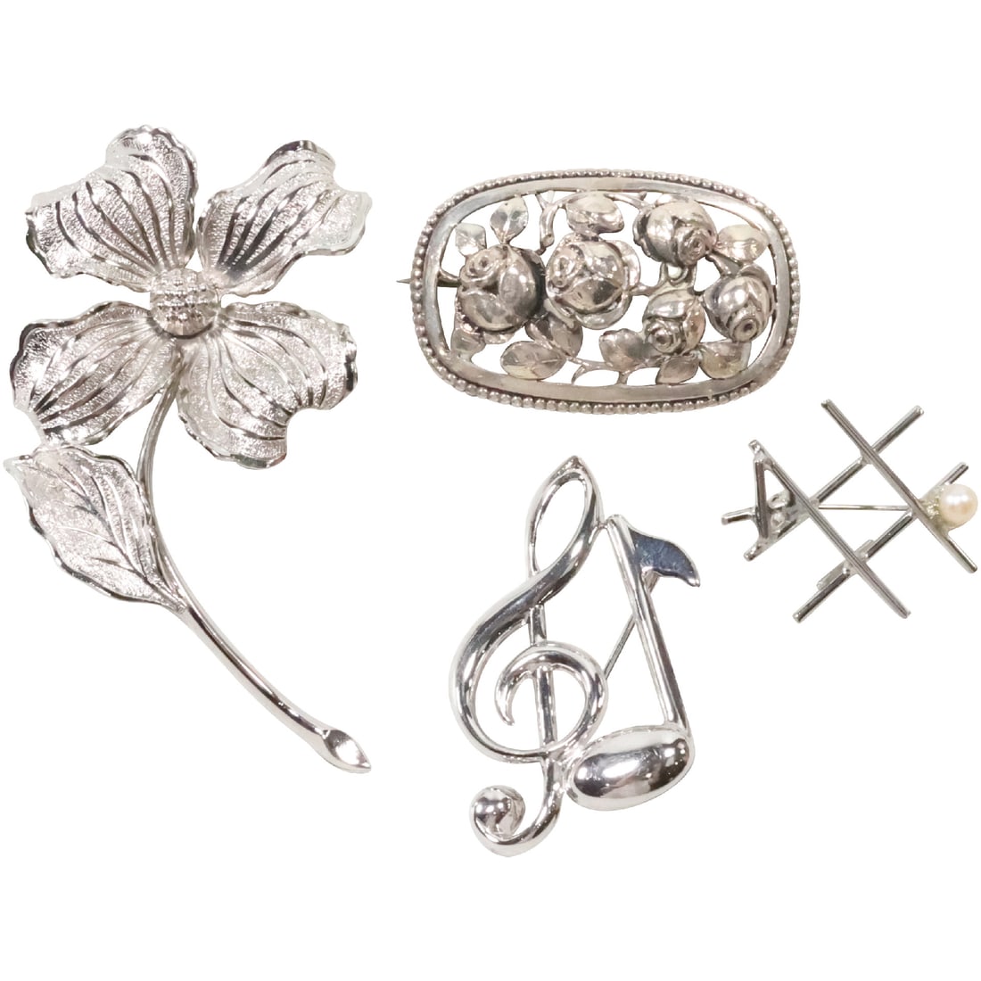 [4] Assorted Sterling Silver Pins: Tic-Tac-Toe Genuine Cultured Pearl; Wells Flower Pin; Music Pin, (1 of 20)