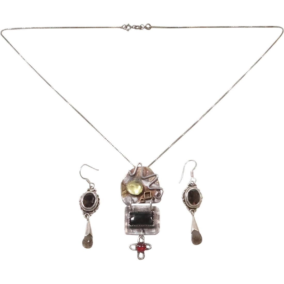A. Duffy 2002 Sterling Pendant Citrine Garnet Cabochon Necklace & Sterling Drop Earrings Smokey Citr (1 of 20)