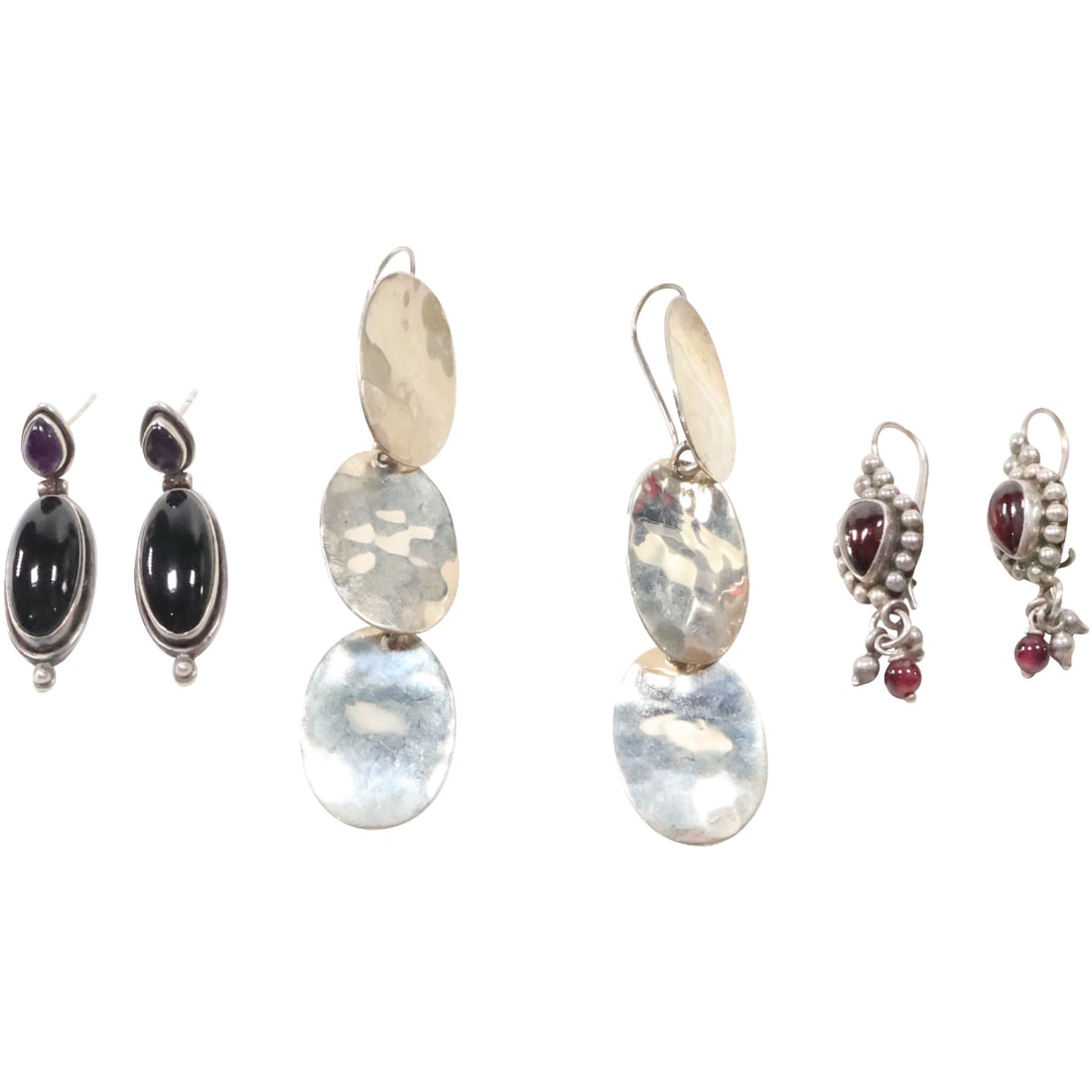 [3] .925 Sterling Black Onyx Amethyst Earrings, Sudha Sterling Garnet Cabochons Earrings,: [3] .925 Sterling Black Onyx Amethyst Earrings 1 1/2 in. x 1/2 in. , Sudha Sterling Garnet Cabochons Earrings 1 1/2 in. x 3/8 in. , Mexico .925 DDD 3-Part Drop Earrings 3 in. x 1/2 in.