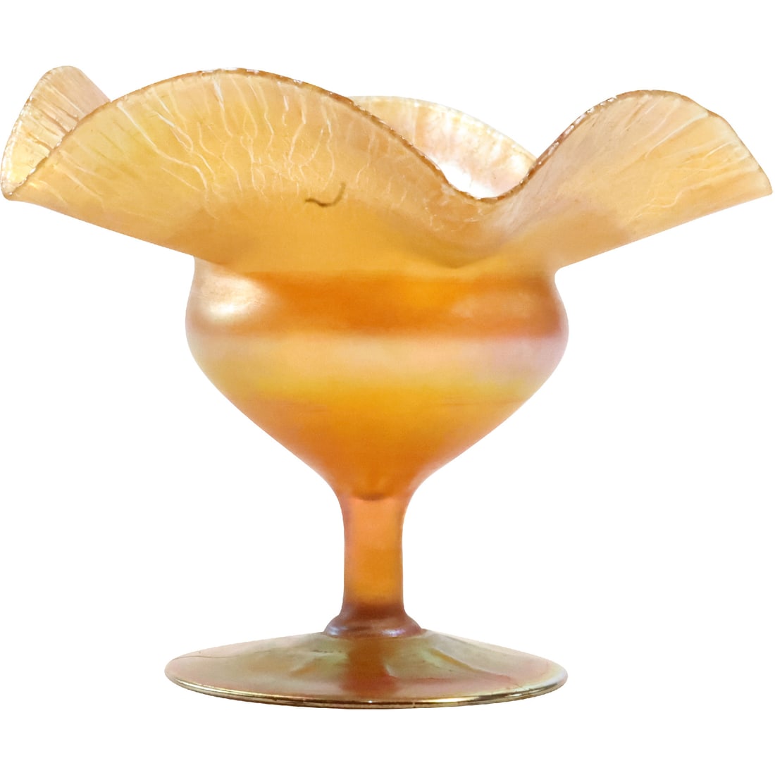 Signed L C TIFFANY - FAVRILLE and Numbered Marigold Ruffled Top Small Compote 4.25 inches h. (1 of 20)