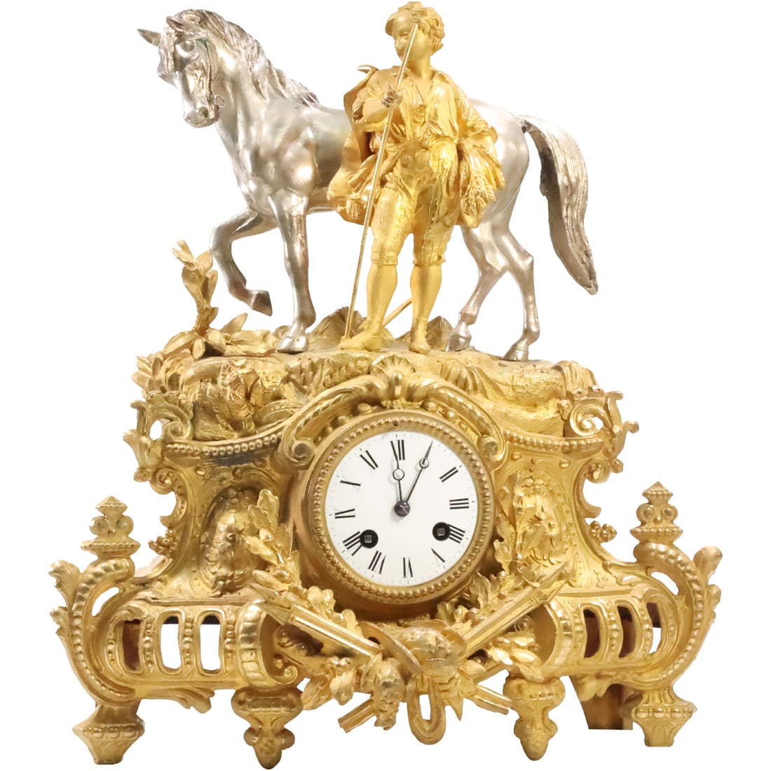 Superb 19th C. Ornate Thin Cast Bronze Mantle Clock Gold Dore with Figure, Nickle Plated Horse (1 of 20)