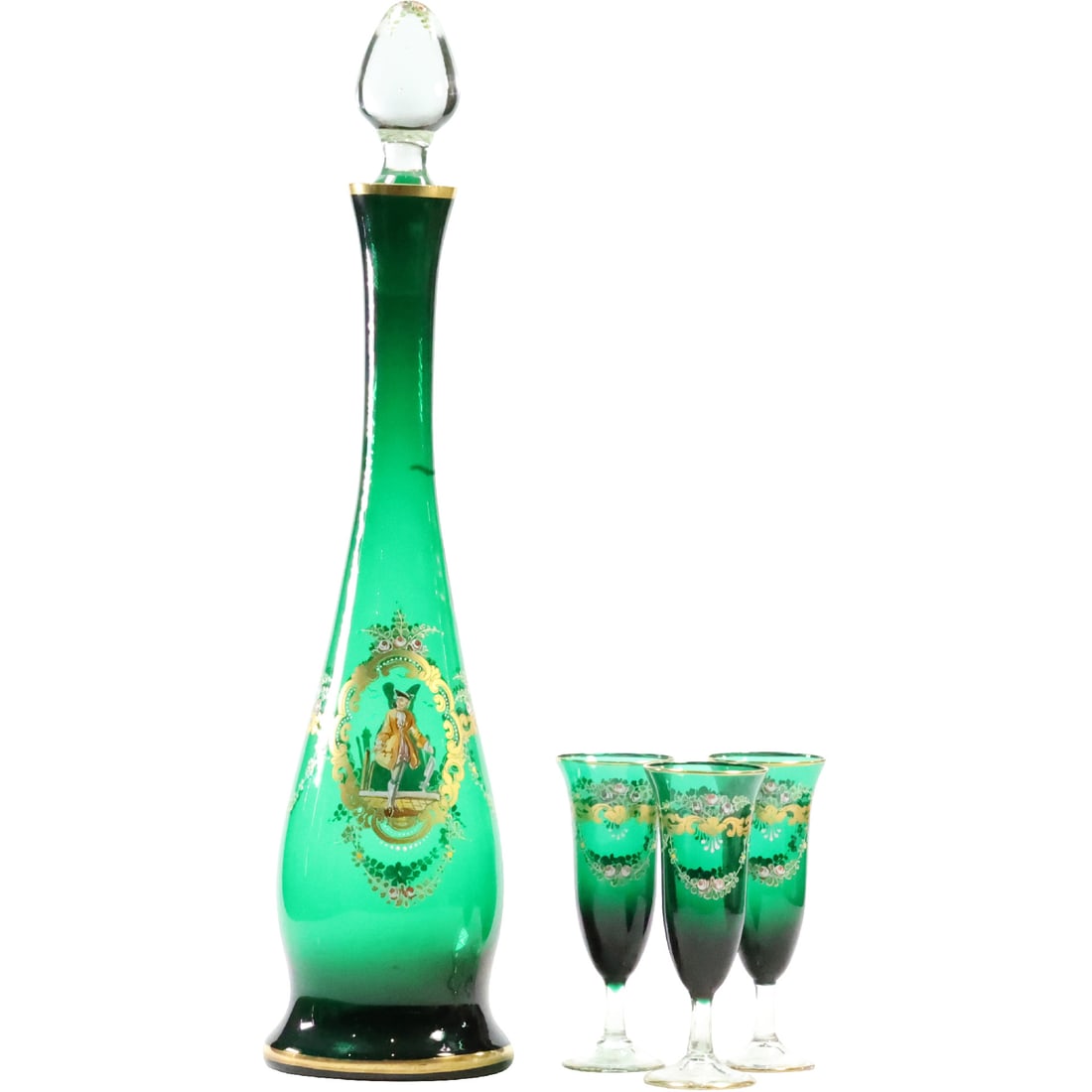Italian Green Glass Liquor Decanter with 3 Green Glass Cocktail Glasses Gold Decorated (1 of 20)