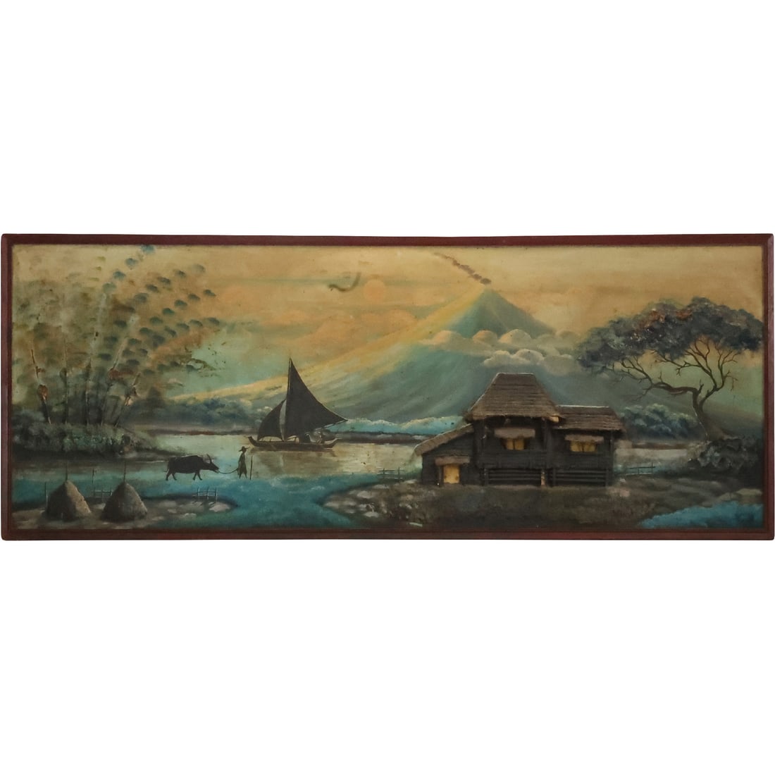 Vintage Asian 2-Dimensional Oil Painting Coastal Village, Man with Oxen, Dimensional Huts (1 of 20)